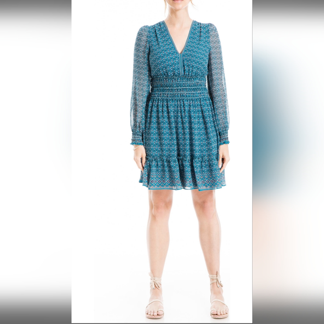 Max Studio - Geometric Floral Print Smocked Waist Dress - Medium - Teal Foliage